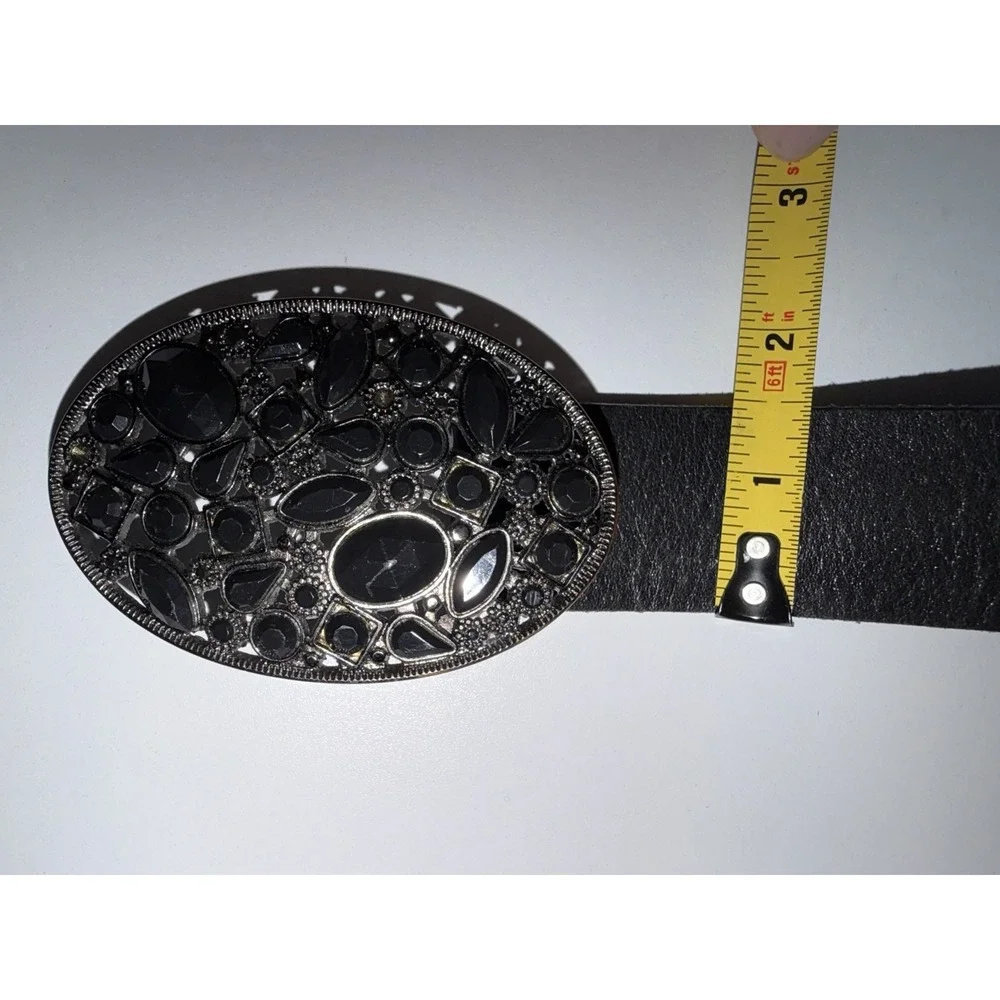 Express Black Leather Black‎ Rhinestone Buckle Cowboy Western Belt Women's Sz S